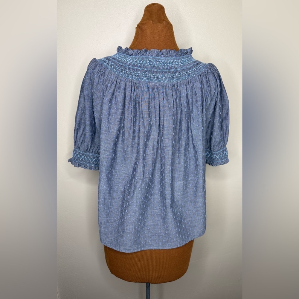 LOFT Smocked Chambray Top Swiss Dot Texture Details Size Medium - Picture 3 of 7
